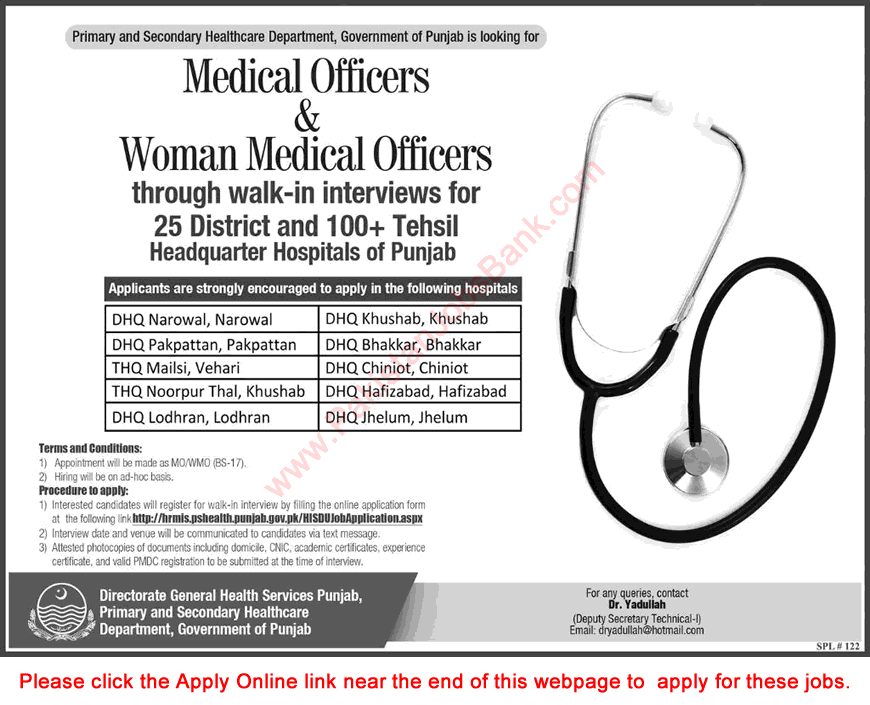 Medical Officer Jobs in Primary and Secondary Healthcare Department Punjab 2017 Walk in Interviews Latest