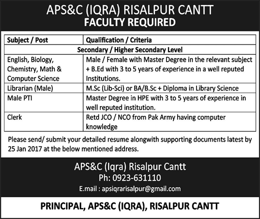 Army Public School and College Risalpur Cantt Jobs 2017 Teachers, Clerk, Librarian & PTI Latest