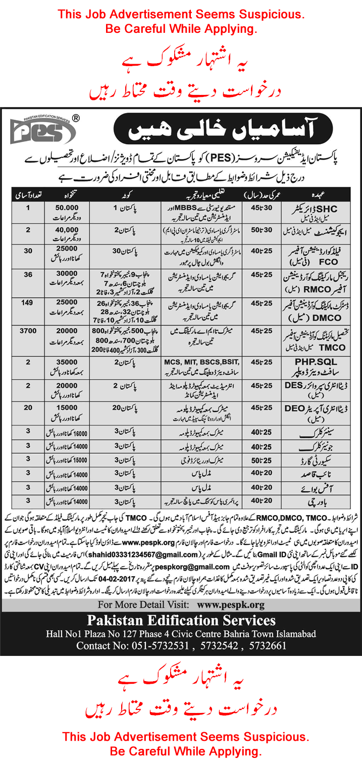 Pakistan Edification Services Jobs 2017 PES Tehsil Marketing Coordination Officers & Others Latest