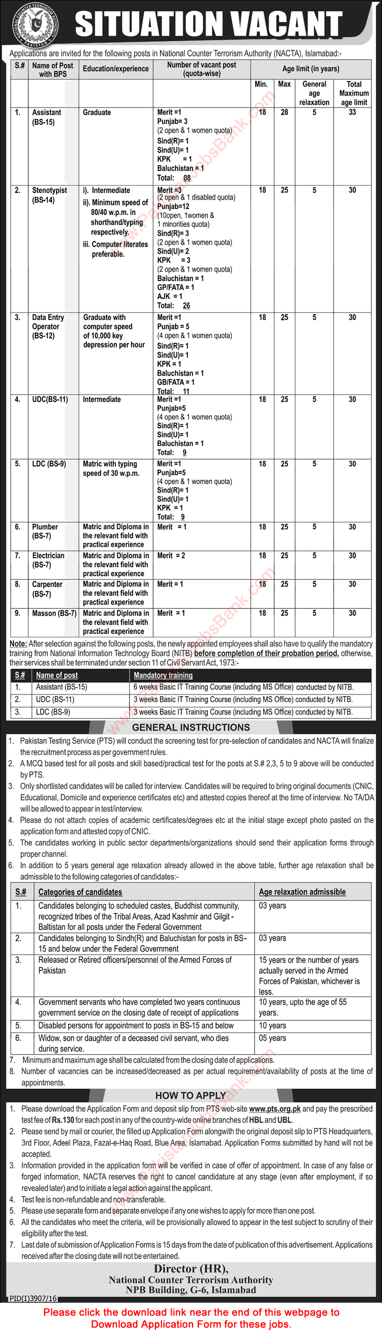 NACTA Islamabad Jobs 2017 PTS Application Form National Counter Terrorism Authority Stenotypists & Others Latest