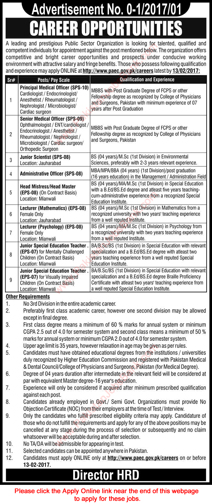 PAEC Jobs 2017 January Apply Online Medical Officers, Lecturers, Special Education Teachers & Others Latest