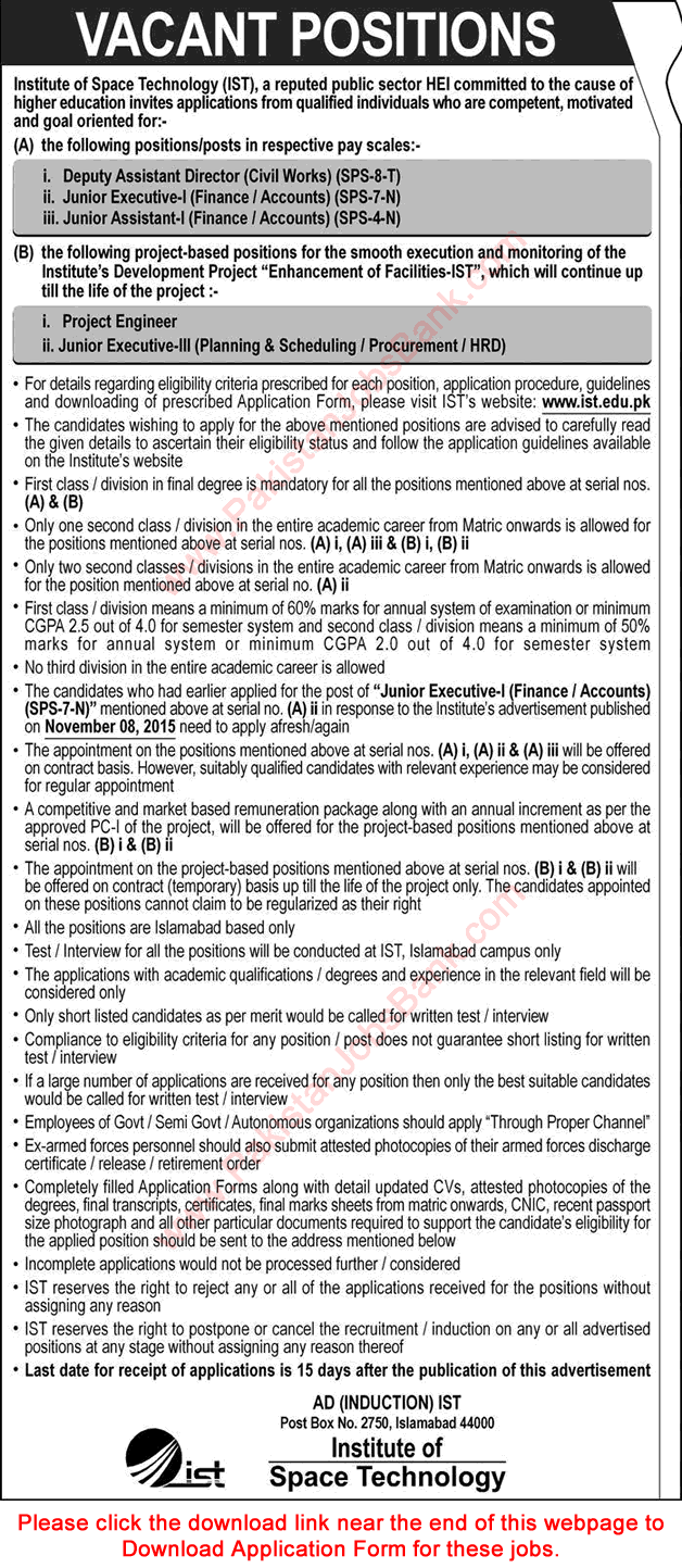 Institute of Space Technology Islamabad Jobs 2017 February IST Application Form Junior Executives & Others Latest