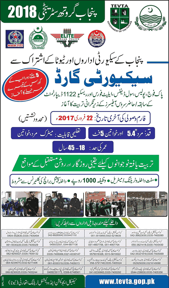 TEVTA Free Security Guard Courses 2017 February Punjab Growth Strategy 2018 Latest