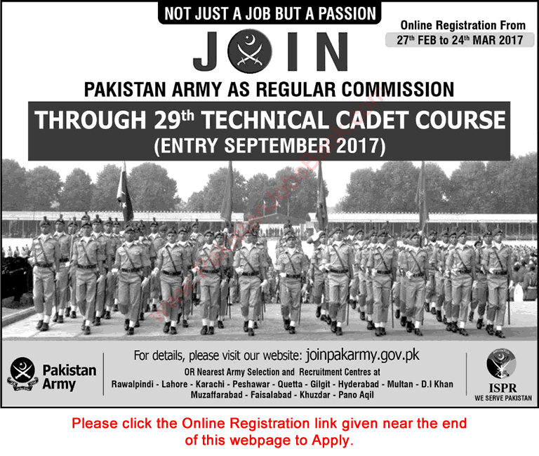 Join Pakistan Army through 29th Technical Cadet Course 2017 February Online Registration Regular Commission Latest
