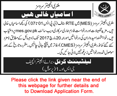 Military Engineering Services Pakistan Jobs 2017 March MES Application Form Download Latest / New