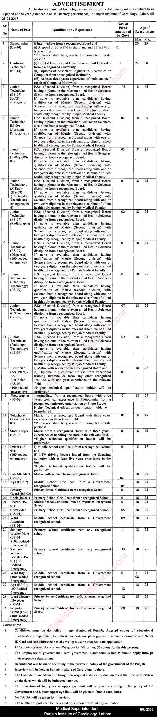Punjab Institute of Cardiology Lahore Jobs March 2017 PIC Medical Technicians, Sanitary Workers & Others Latest