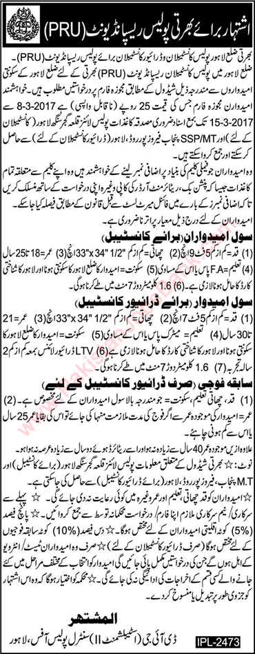 Punjab Police Jobs March 2017 Constables & Drivers in Lahore Police Respond Unit PRU Latest