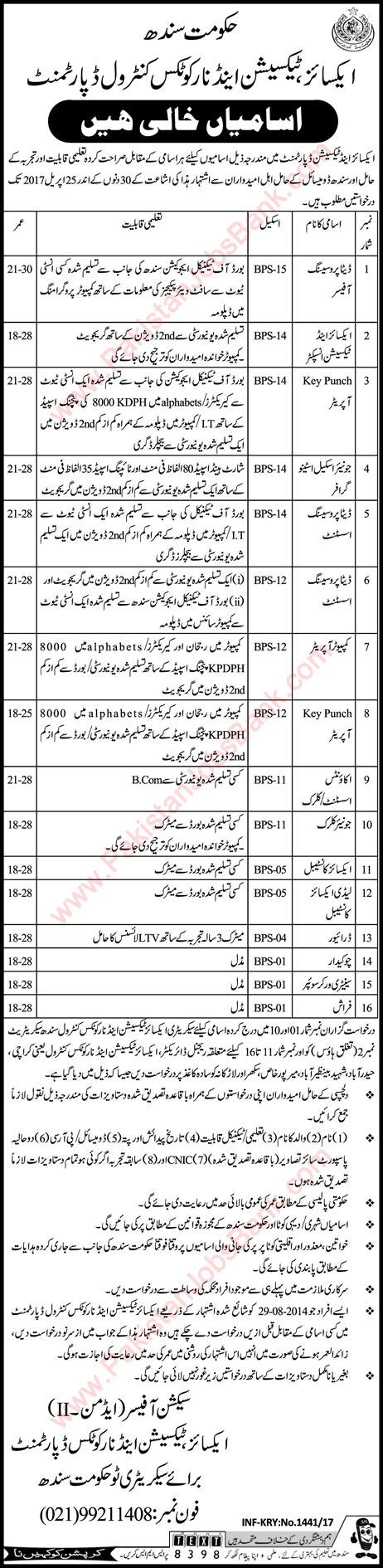 Excise and Taxation Department Sindh Jobs 2017 March Data Processing Assistants, Computer Operator & Others Latest