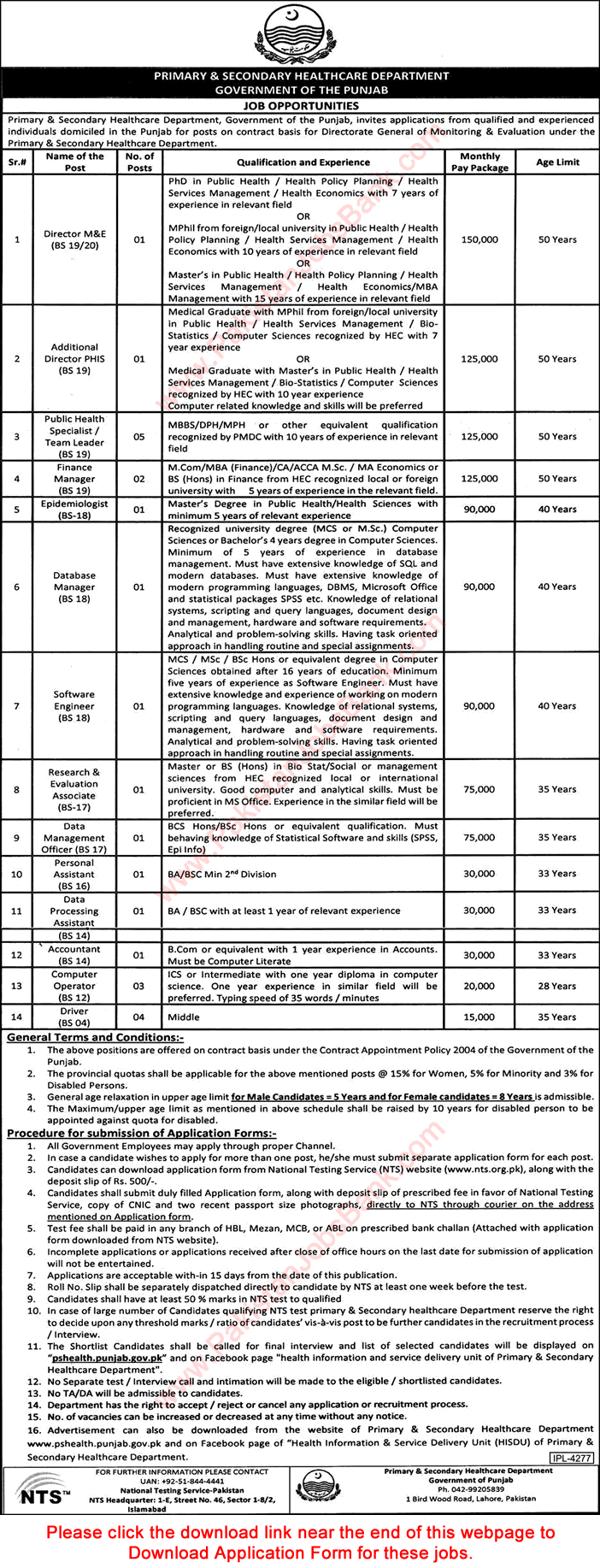 Primary and Secondary Healthcare Department Punjab Jobs April 2017 NTS Application Form Latest