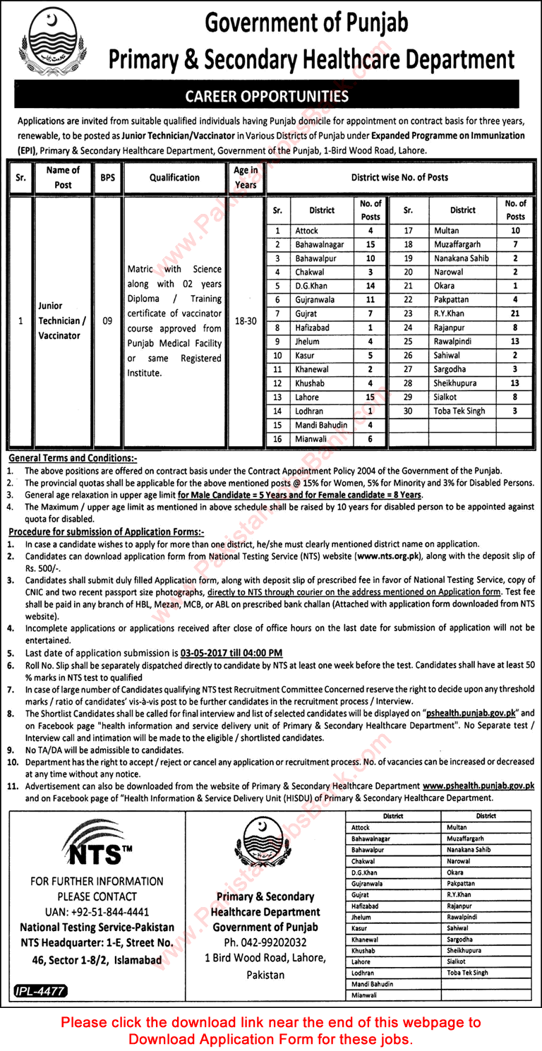 Vaccinator Jobs in Primary and Secondary Healthcare Department Punjab 2017 April NTS Application Form Latest
