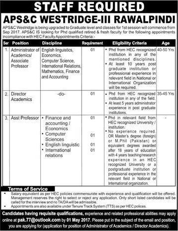 Army Public School and College Rawalpindi Jobs 2017 April Teaching Faculty & Academic Director Latest