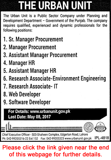 Urban Unit Jobs April 2017 Assistant Managers, Software Developers & Others Latest