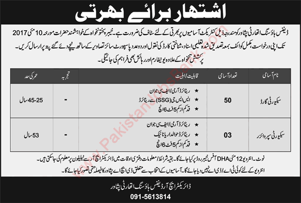 Security Guards & Supervisors Jobs in DHA Peshawar May 2017 Defense Housing Authority Latest
