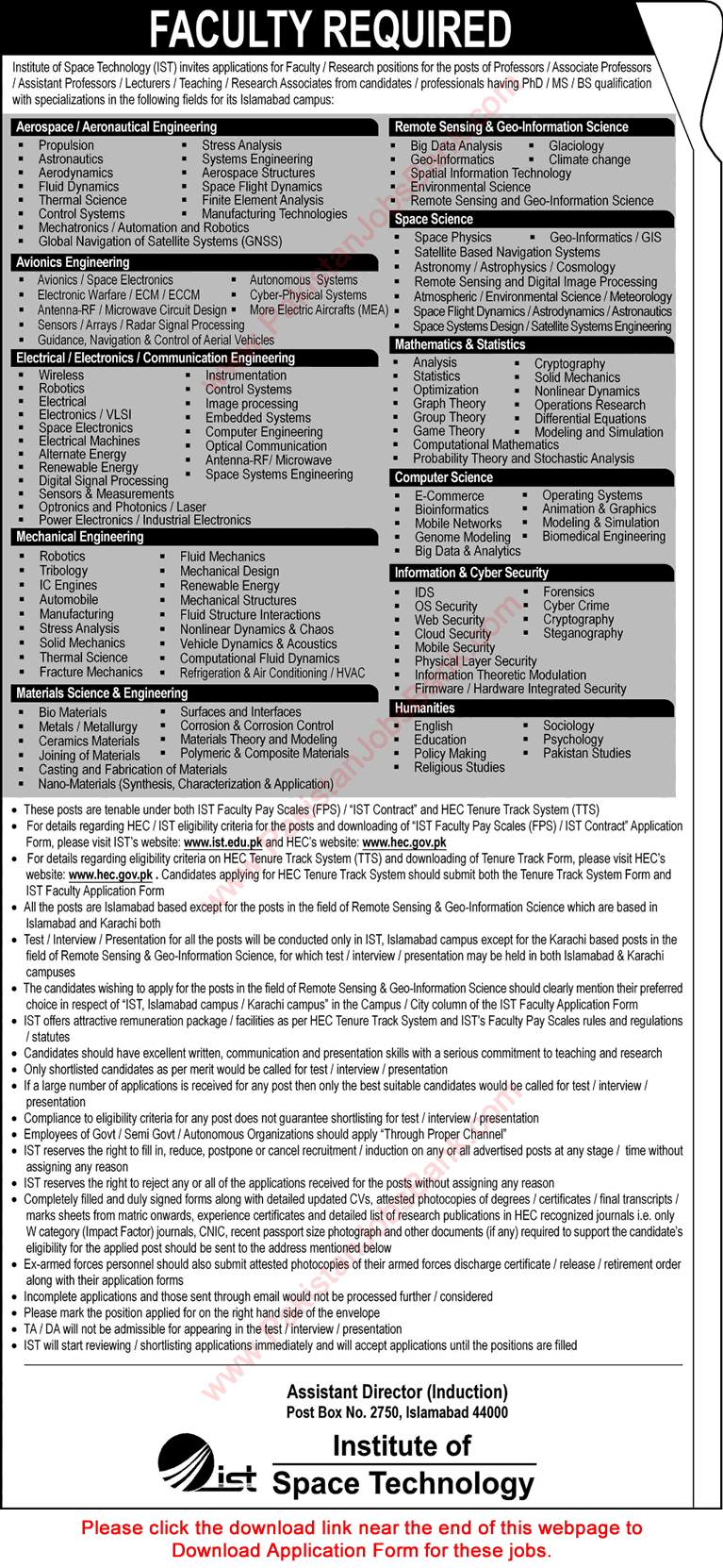 Institute of Space Technology Islamabad Jobs May 2017 IST Application Form Teaching Faculty Latest