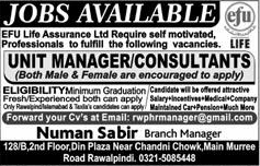Unit Manager / Consultants Jobs in EFU Life Insurance Rawalpindi May 2017 June Latest