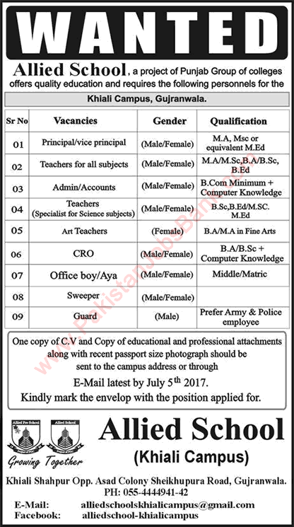 Allied School Gujranwala Jobs June 2017 Teachers & Others at Khiali Campus Latest