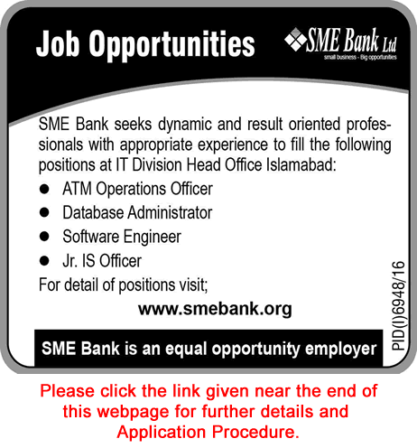 SME Bank Limited Islamabad Jobs 2017 June Database Administrator, Software Engineer & Others Latest