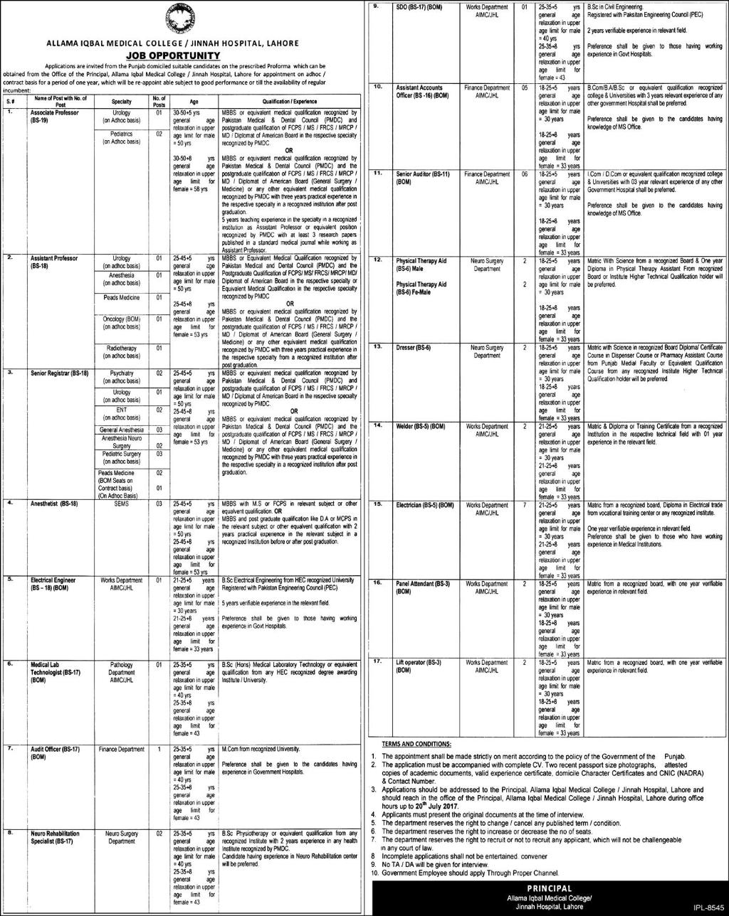 Allama Iqbal Medical College Jinnah Hospital Lahore Jobs June 2017 Teaching Faculty & Others Latest