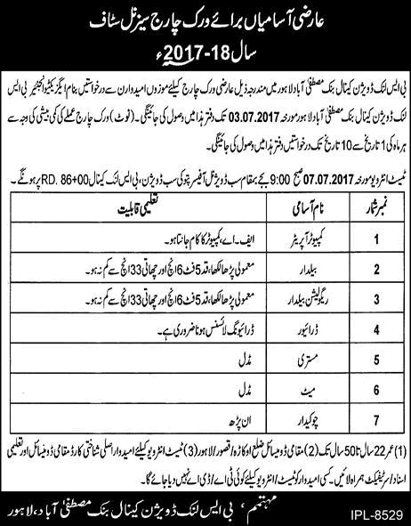 Irrigation Department Lahore Jobs 2017 June BS Link Division Canal Bank Mustafabad Latest