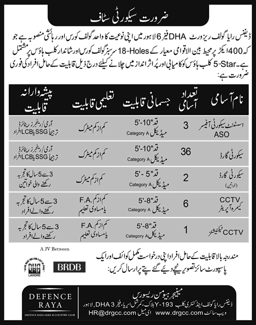 Defence Raya Golf Resort Lahore Jobs 2017 August Security Guards, Officers & Others Latest