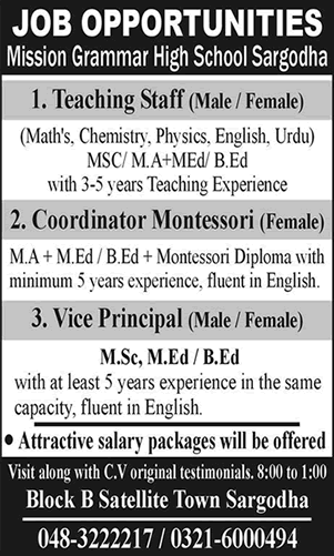Mission Grammar High School Sargodha Jobs 2017 August Teachers, Montessori Coordinator & Vice Principal Latest