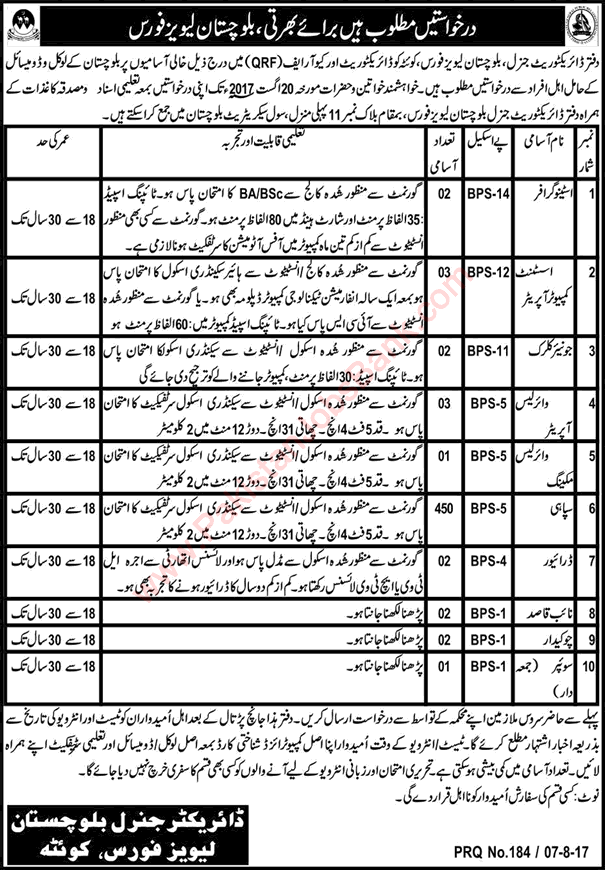 Balochistan Levies Force Jobs August 2017 Sipahi, Wireless Operators, Clerks, Stenographers & Others Latest
