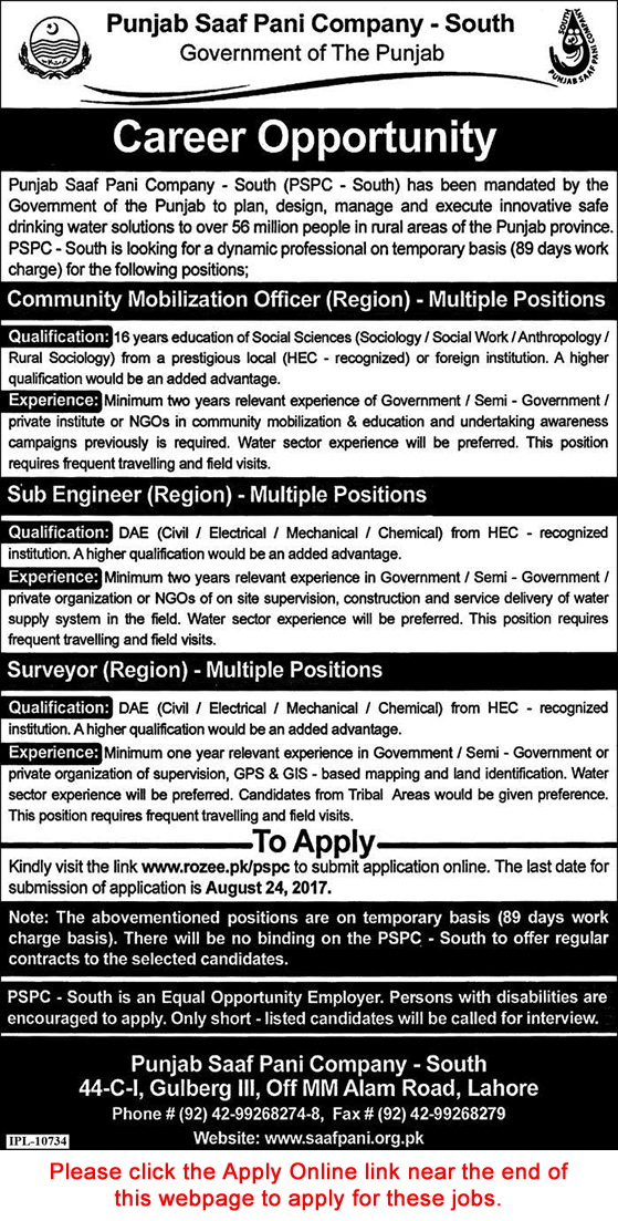 Punjab Saaf Pani Company Jobs August 2017 Apply Online Sub Engineers, Surveyors & Communication Mobilization Officers Latest