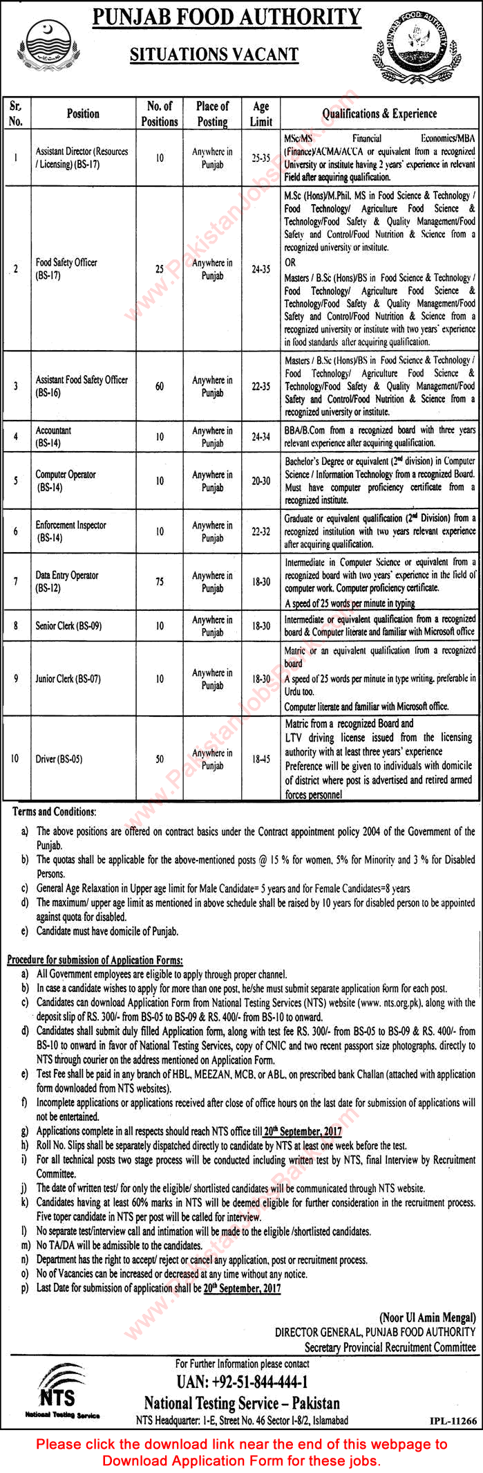 Punjab Food Authority Jobs August 2017 NTS Application Form Food Safety Officers, DEO, Drivers & Others Latest