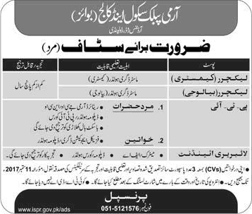Army Public School and College Rawalpindi Jobs August 2017 September Lecturers, PTI & Library Attendant Latest