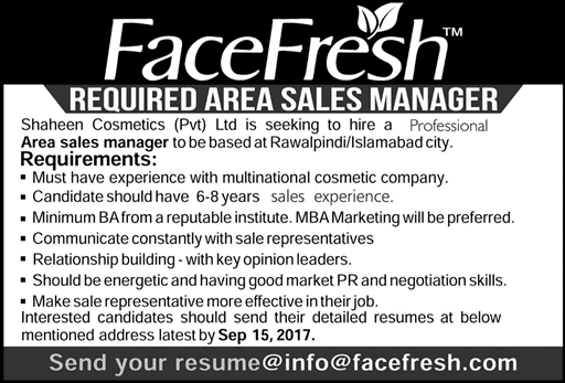 Area Sales Manager Jobs in Shaheen Cosmetics Pvt Ltd Islamabad / Rawalpindi 2017 August / September Latest