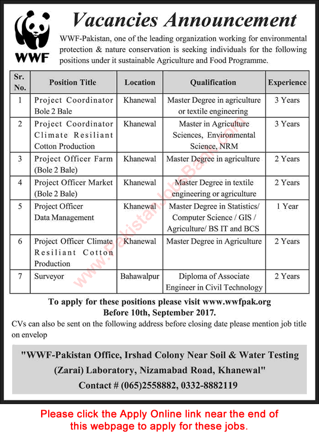 WWF Pakistan Jobs 2017 September Apply Online Project Officers / Coordinators & Surveyor Latest
