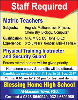 Blessing Home High School Faisalabad Jobs 2017 September Teachers, PTI & Security Guard Latest