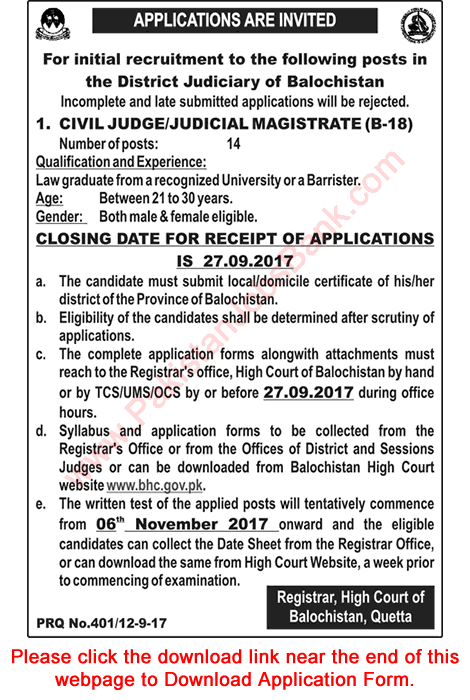 Civil Judge / Judicial Magistrate Jobs in Balochistan High Court September 2017 Application Form Latest