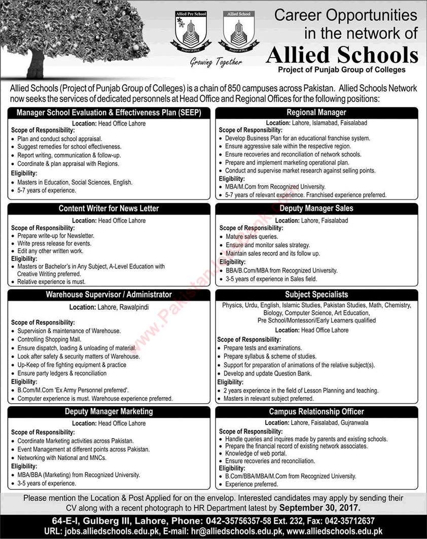 Allied Schools Punjab Jobs September 2017 Subject Specialists, Regional Managers & Others Latest