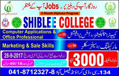 Shiblee College Faisalabad Free Courses 2017 September with Monthly Stipend Latest