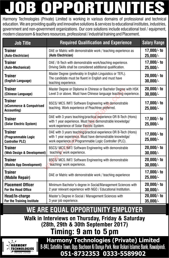 Harmony Technologies Pvt Ltd Rawalpindi Jobs September 2017 Walk in Interviews Trainer, Placement Officer & Head / In-charge Latest