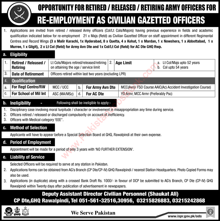 Jobs for Retired Army Officers in Pakistan Army 2017 Re-Employment as Civilian Gazetted Officers Latest