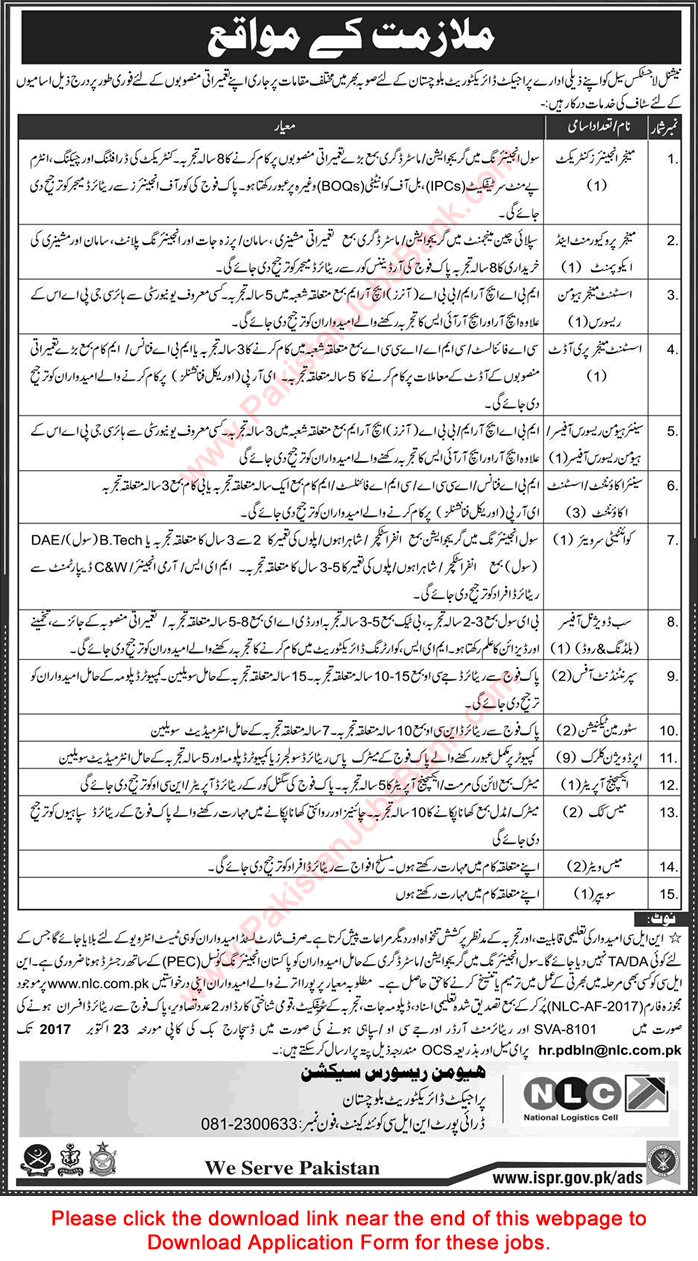 NLC Jobs October 2017 Balochistan Application Form National Logistics Cell Clerks, Accountants & Others Latest