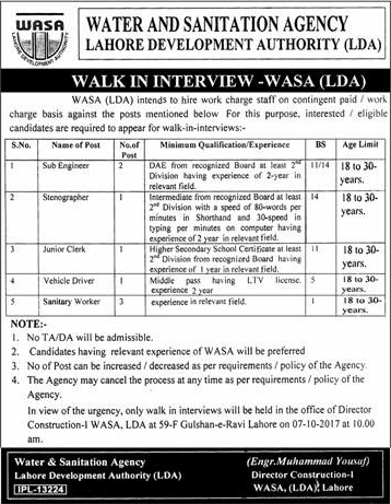 WASA LDA Lahore Jobs October 2017 Walk In Interview Sub Engineers, Sanitary Workers & Others Latest