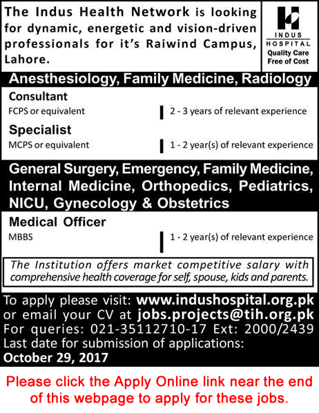 Indus Hospital Lahore Jobs October 2017 Apply Online Medical Officers & Specialist Doctors Latest