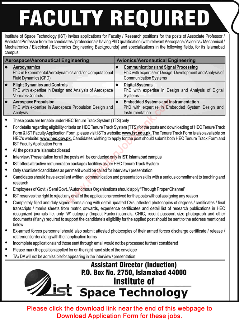 Institute of Space Technology Islamabad Jobs October 2017 Application Form Teaching Faculty IST Latest