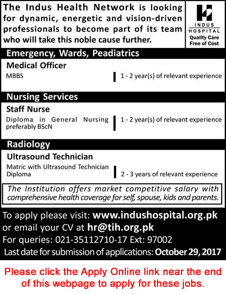 Indus Hospital Jobs October 2017 Karachi Apply Online Medical Officers, Nurses & Ultrasound Technician Latest