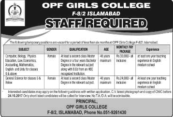Teaching Jobs in OPF Girls College Islamabad October 2017 Latest