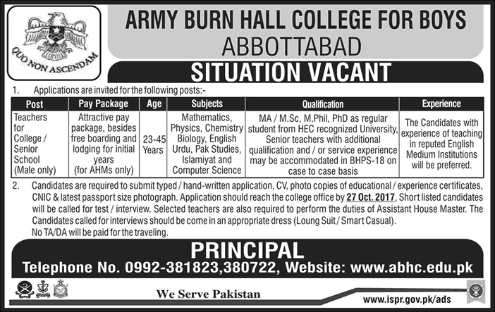 Army Burn Hall College Abbottabad Jobs October 2017 for Teachers Latest