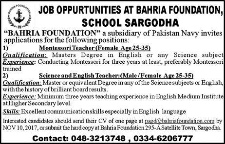 Bahria Foundation School Sargodha Jobs October 2017 for Teachers Latest