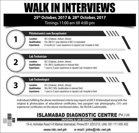 Islamabad Diagnostic Center Jobs October 2017 Walk in Interviews Lab Technician / Technologist & Phlebotomist Latest