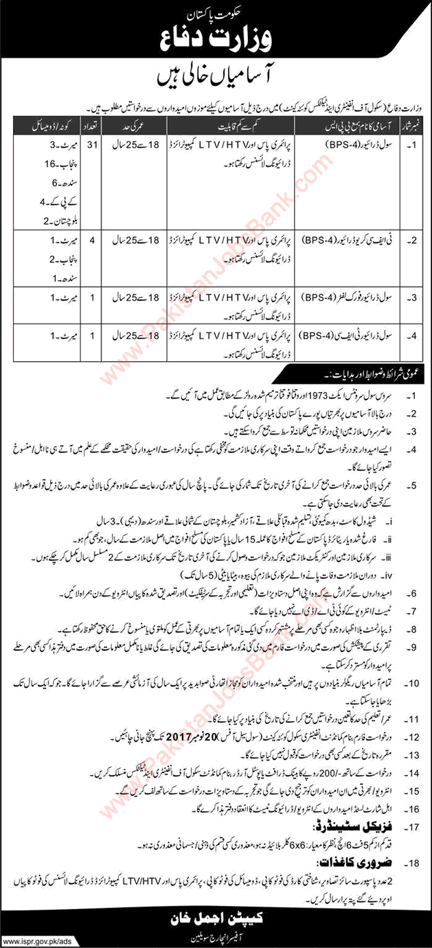 Driver Jobs in School of Infantry and Tactics Quetta 2017 October / November Ministry of Defence Latest