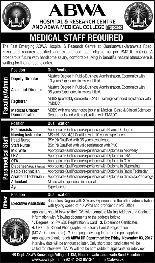 Abwa Hospital and Research Centre Faisalabad Jobs October 2017 November Nurses, Pharmacists & Others Latest