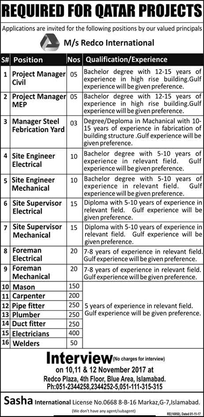 Redco International Qatar Jobs November 2017 Walk in Interview Electricians, Plumbers, Masons & Others Latest