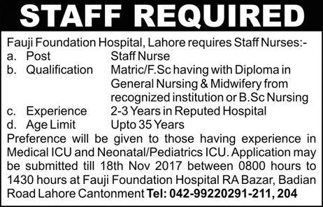 Staff Nurse Jobs in Fauji Foundation Hospital Lahore November 2017 Latest